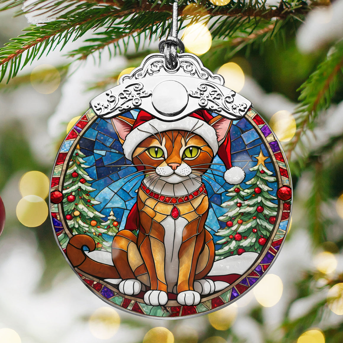 Christmas Cat Stained Glass Ornament | Unique Holiday Gift for Cat Lovers | Abyssinian