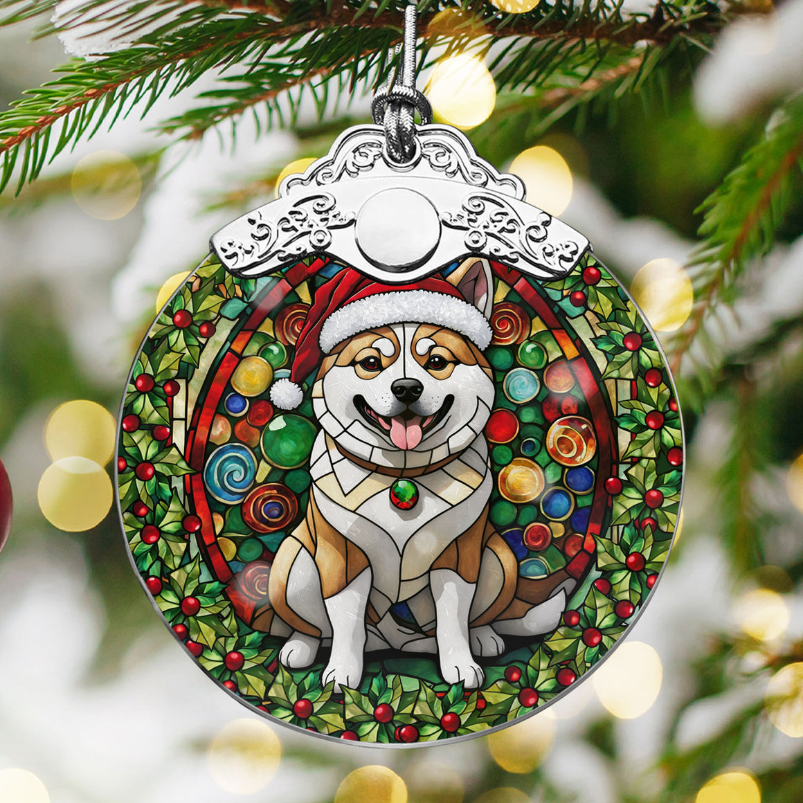 Christmas Dog Stained Glass Ornament | Unique Holiday Gift for Dog Lovers | Akita Inu