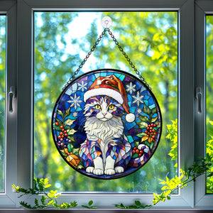 Christmas Cat Stained Glass Suncatcher | Unique Holiday Gift for Cat Lovers | American Curl Cat