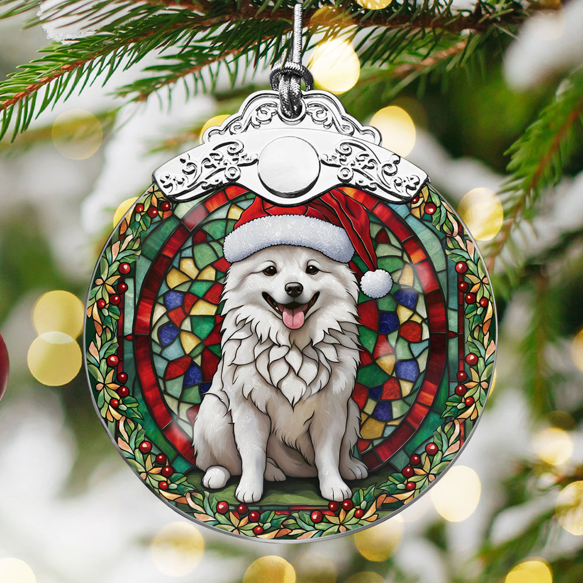 Christmas Dog Stained Glass Ornament | Unique Holiday Gift for Dog Lovers | American Eskimo