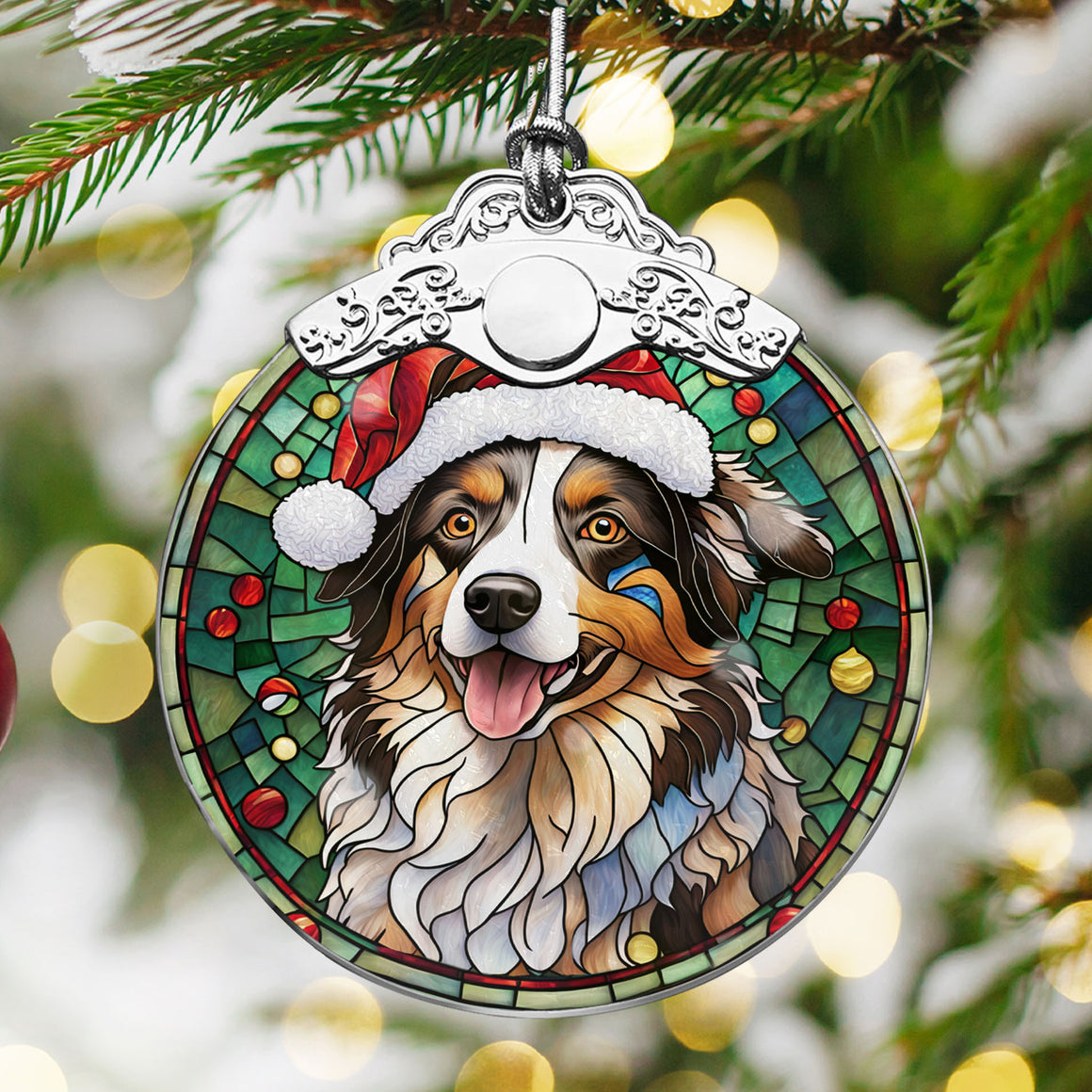 Christmas Dog Stained Glass Ornament | Unique Holiday Gift for Dog Lovers | Australian Shepherd