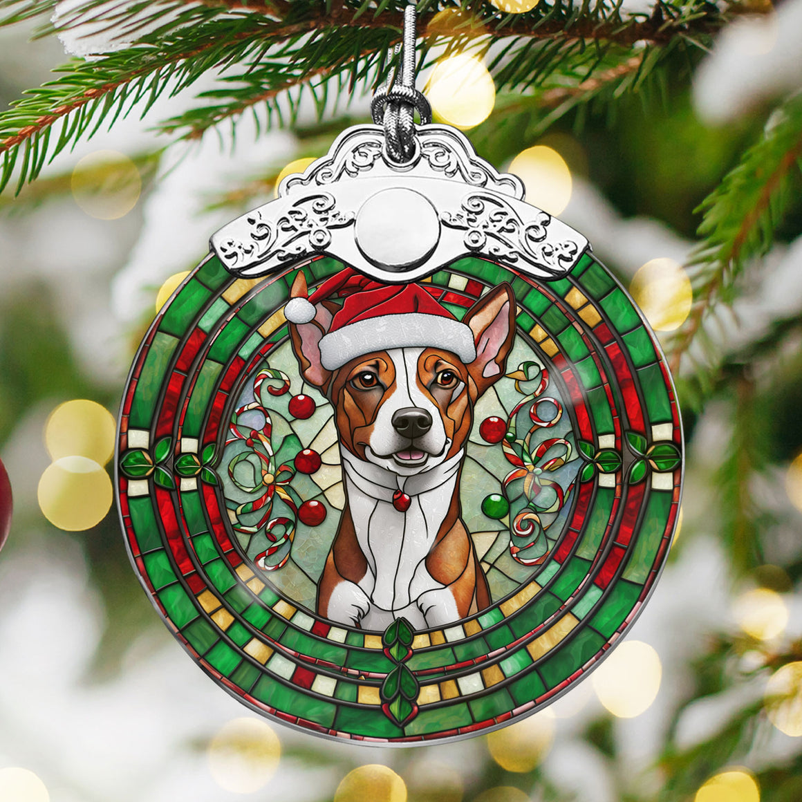 Christmas Dog Stained Glass Ornament | Unique Holiday Gift for Dog Lovers | Basenji