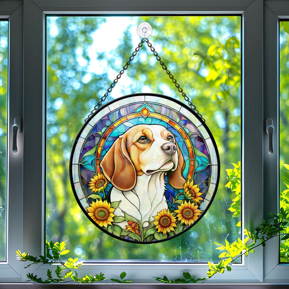 Beagle Stained Glass Suncatcher, Beagle Sunflower Suncatcher for Windows Stained Glass