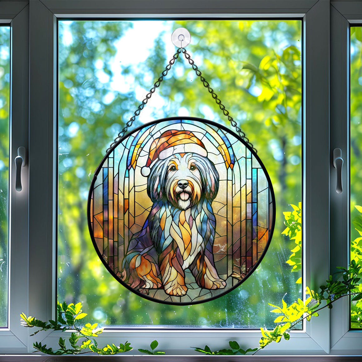 Christmas Dog Stained Glass Suncatcher | Unique Holiday Gift for Dog Lovers | Bearded Collie