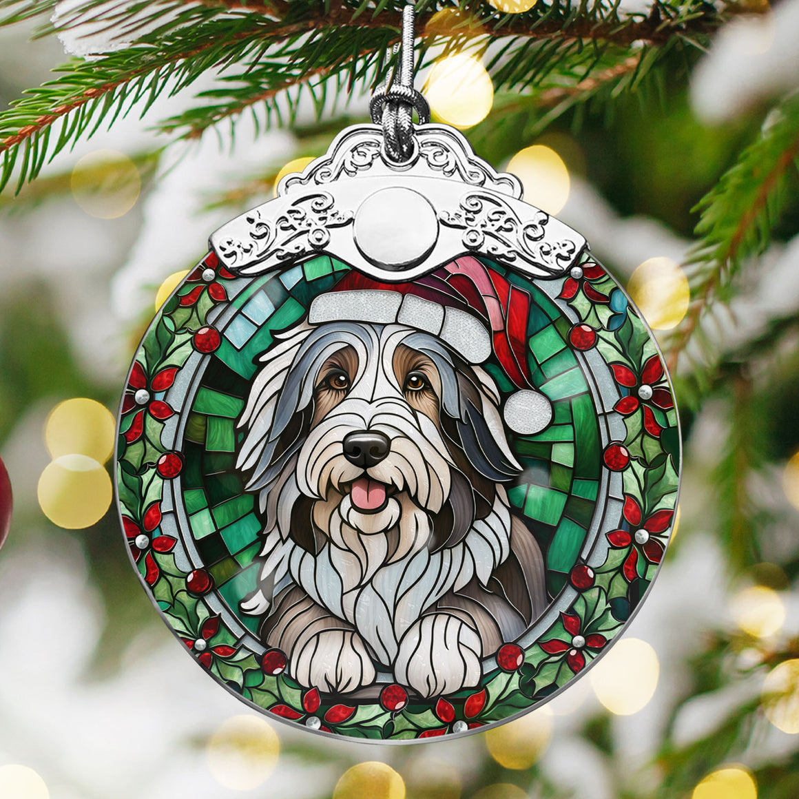 Christmas Dog Stained Glass Ornament | Unique Holiday Gift for Dog Lovers | Bearded Collie