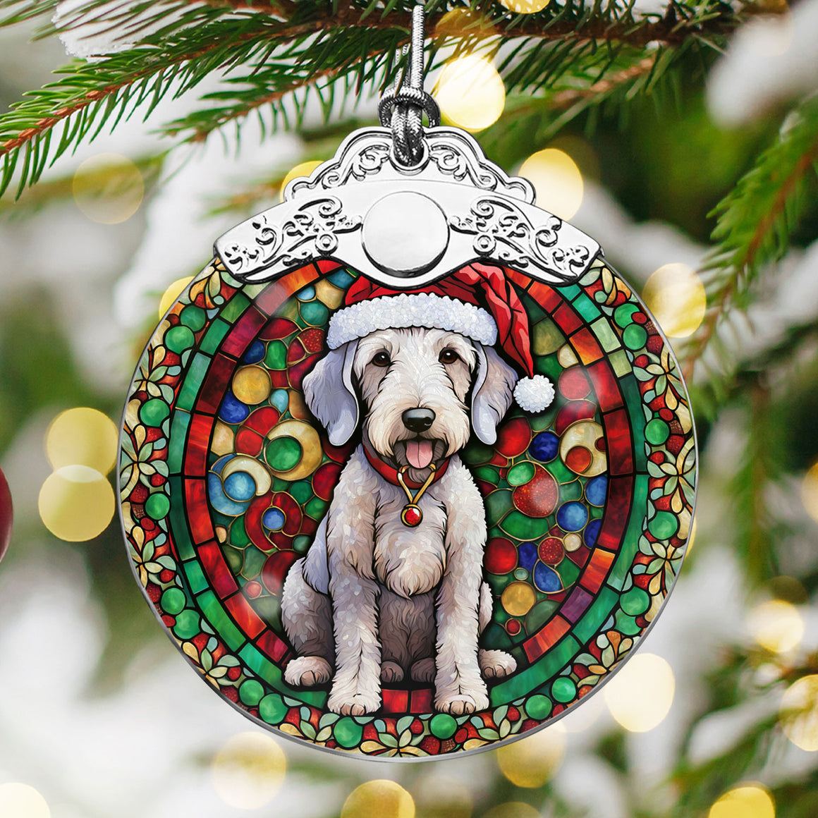 Christmas Dog Stained Glass Ornament | Unique Holiday Gift for Dog Lovers | Bedlington Terrier