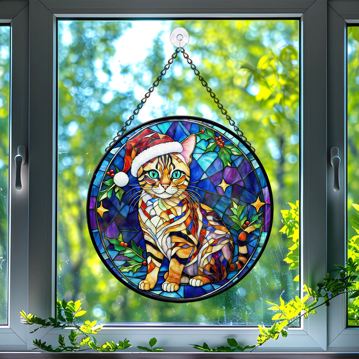 Christmas Cat Stained Glass Suncatcher | Unique Holiday Gift for Cat Lovers | Bengal Cat