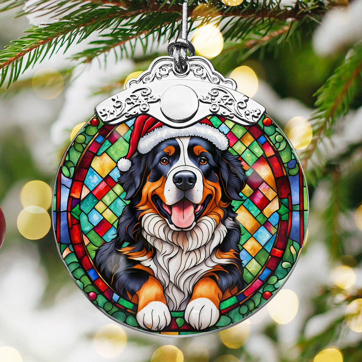 Christmas Dog Stained Glass Ornament | Unique Holiday Gift for Dog Lovers | Bernese Mountain