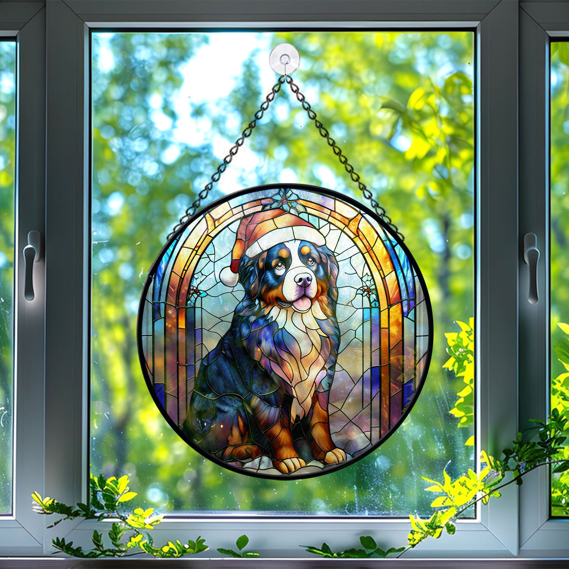 Christmas Dog Stained Glass Suncatcher | Unique Holiday Gift for Dog Lovers | Bernese Mountain