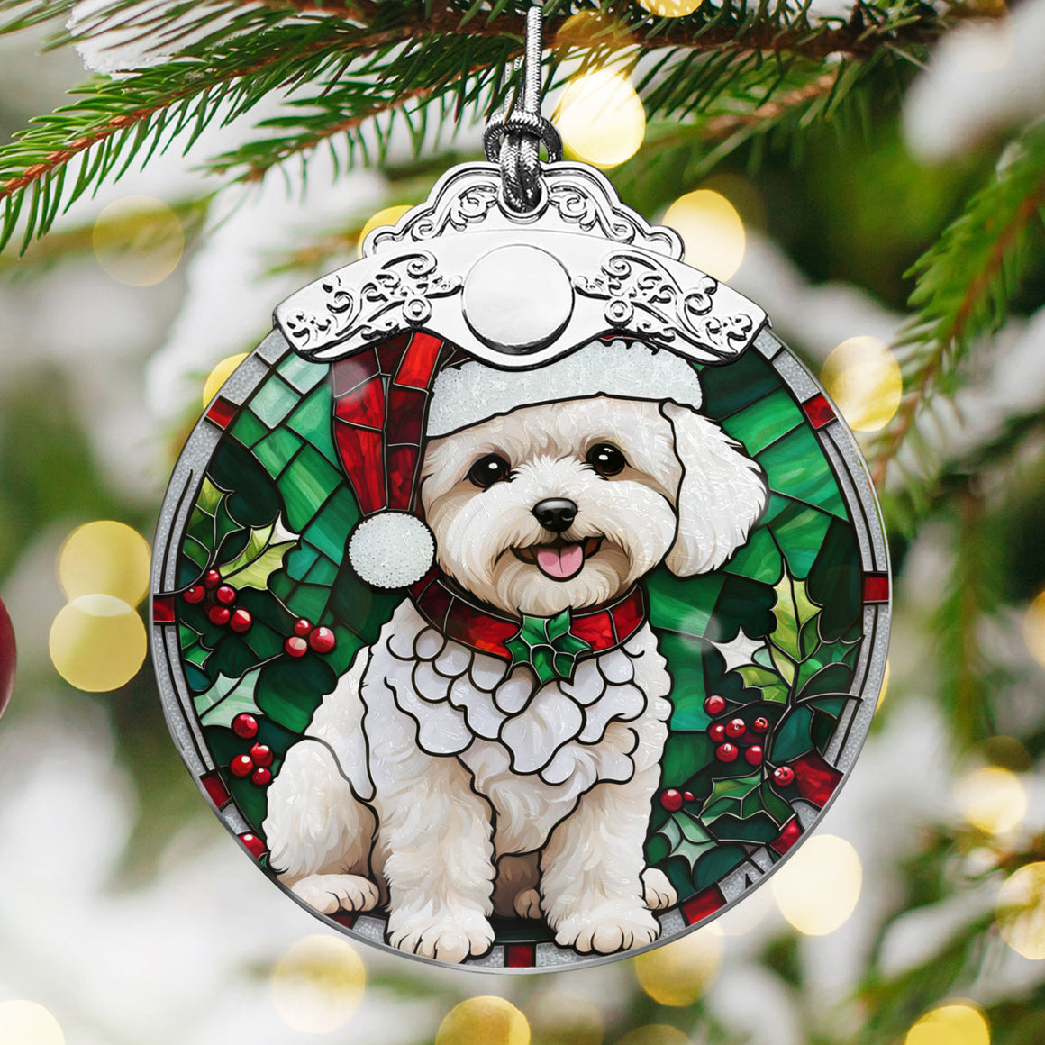 Christmas Dog Stained Glass Ornament | Unique Holiday Gift for Dog Lovers | Bichon Frise