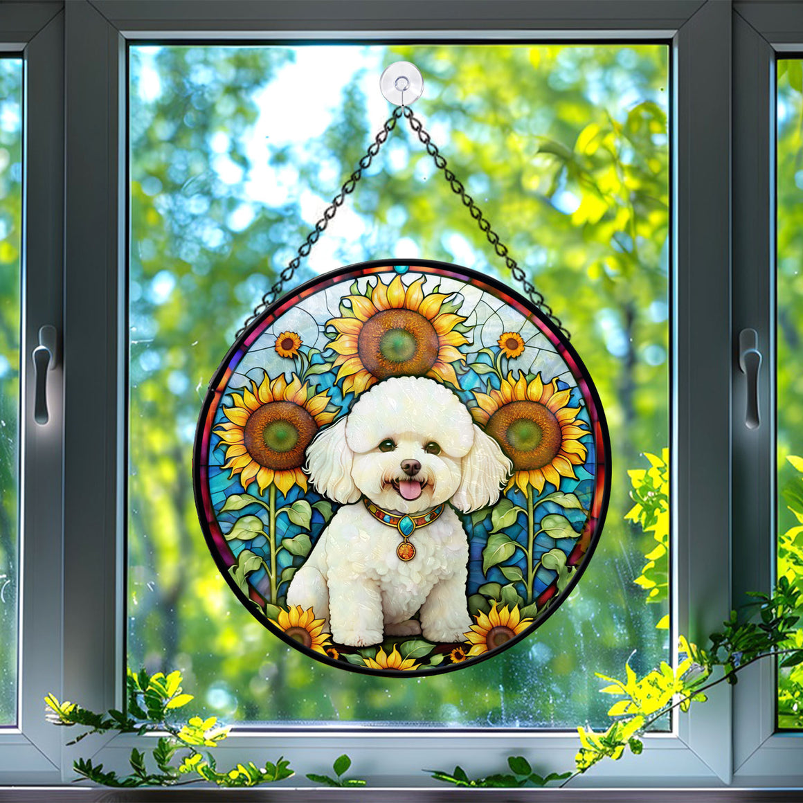 Bichon Frise Stained Glass Suncatcher, Bichon Frise Sunflower Suncatcher for Windows Stained Glass