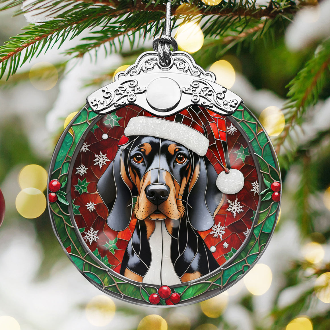 Christmas Dog Stained Glass Ornament | Unique Holiday Gift for Dog Lovers | Black and Tan Coonhound