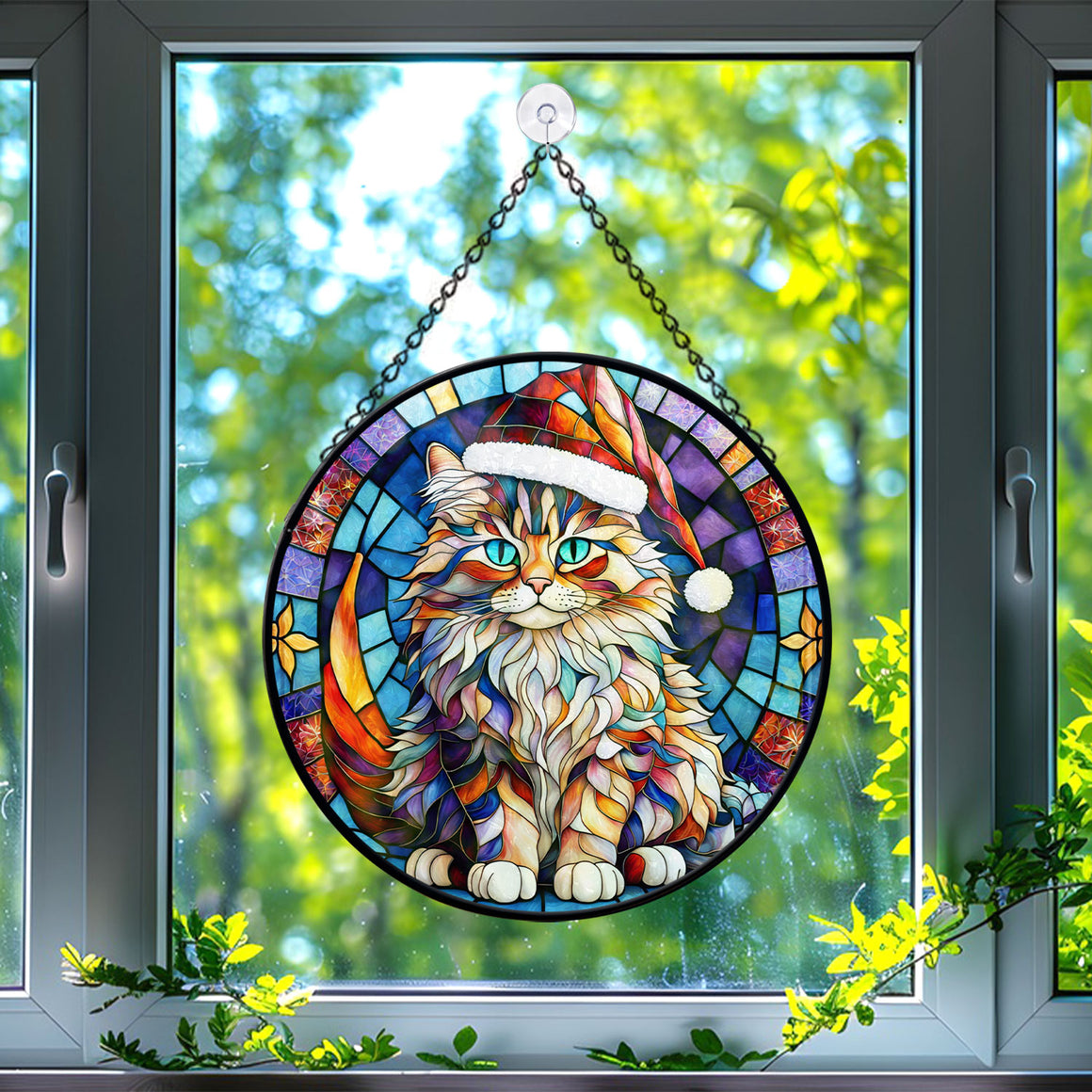 Christmas Cat Stained Glass Suncatcher | Unique Holiday Gift for Cat Lovers | Bombay Cat 02