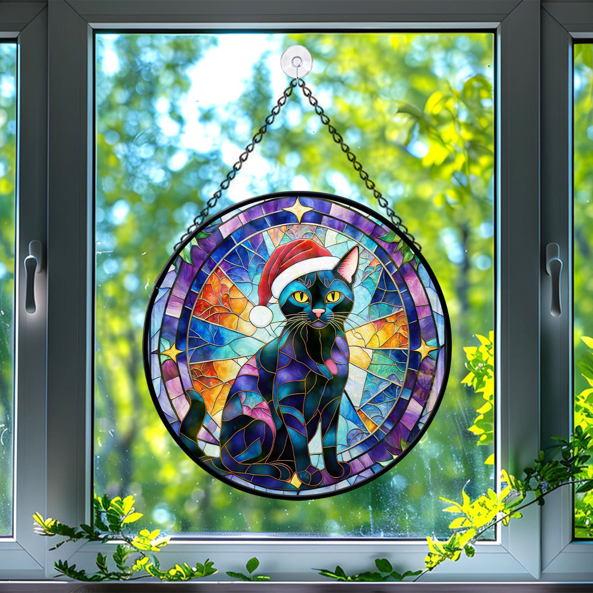 Christmas Cat Stained Glass Suncatcher | Unique Holiday Gift for Cat Lovers | Bombay Cat 01