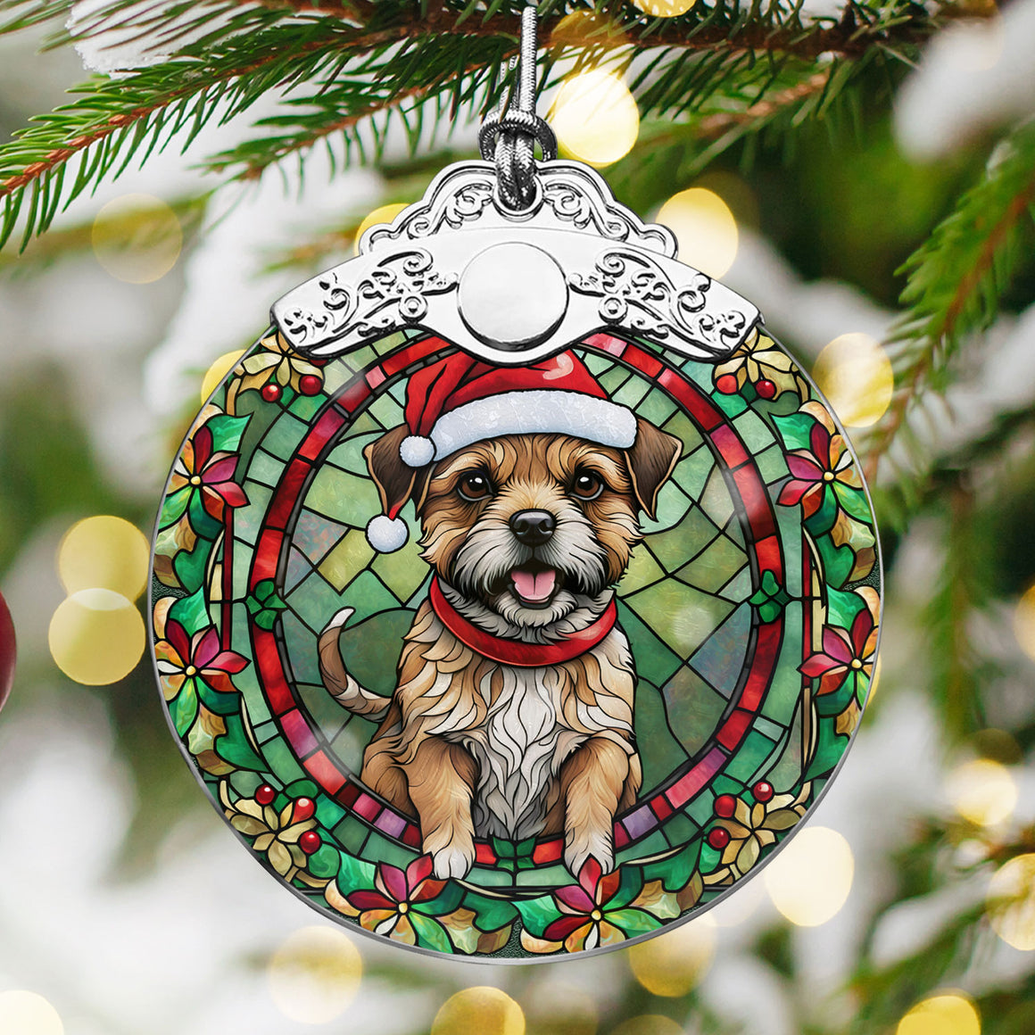 Christmas Dog Stained Glass Ornament | Unique Holiday Gift for Dog Lovers | Border Terrier