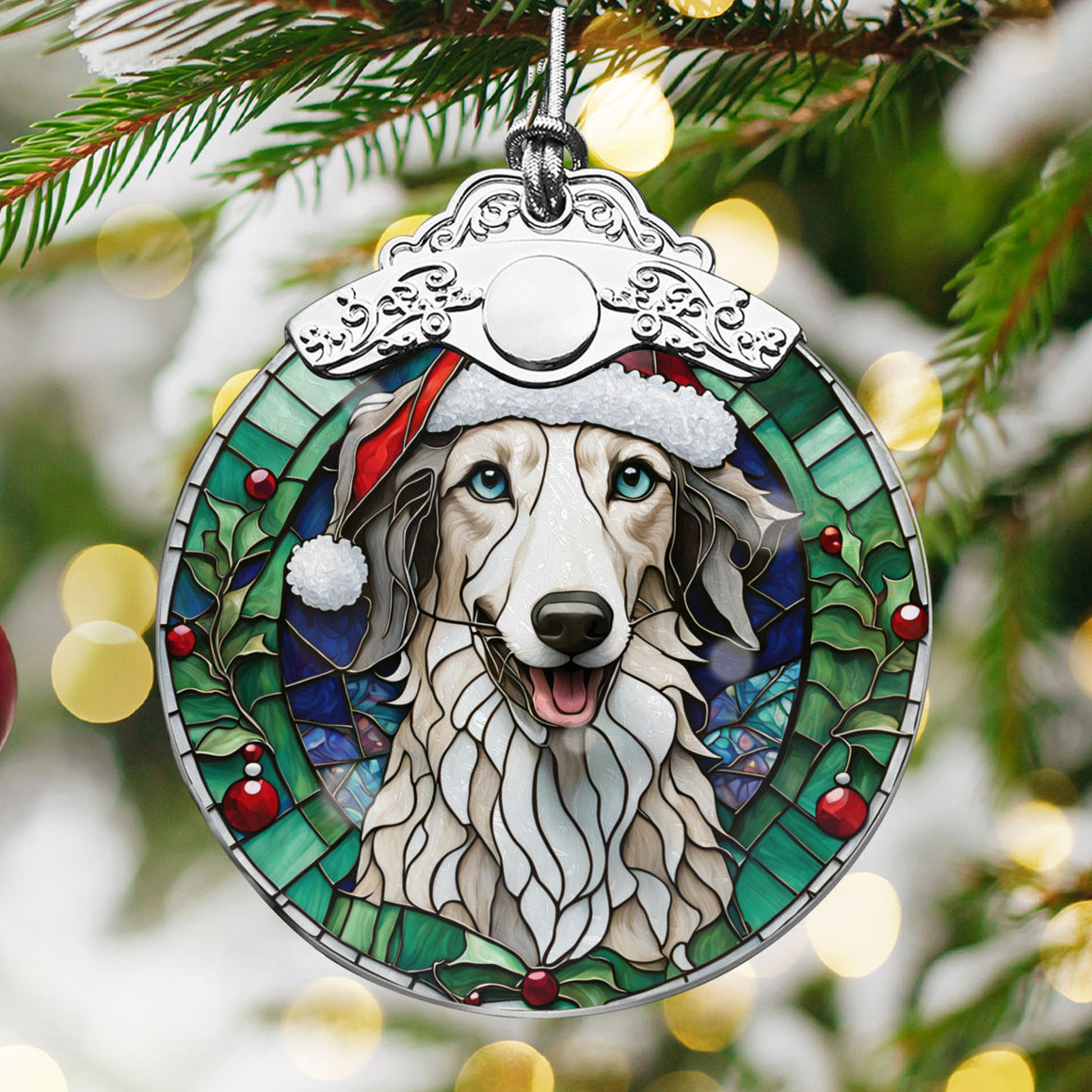 Christmas Dog Stained Glass Ornament | Unique Holiday Gift for Dog Lovers | Borzoi