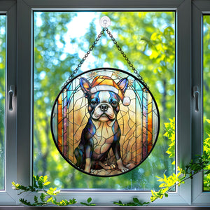 Christmas Dog Stained Glass Suncatcher | Unique Holiday Gift for Dog Lovers | Boston Terrier