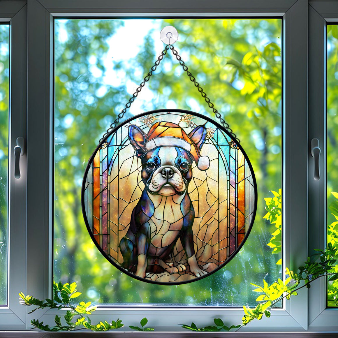 Christmas Dog Stained Glass Suncatcher | Unique Holiday Gift for Dog Lovers | Boston Terrier