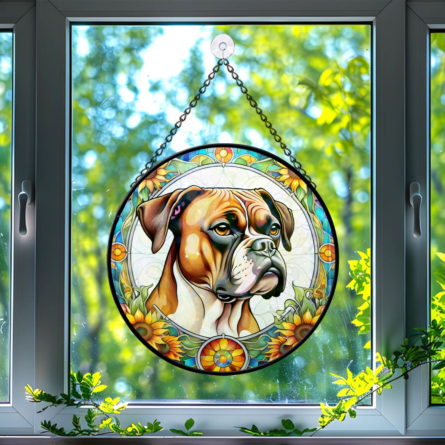 Boxer Dog Stained Glass Suncatcher, Boxer Dog Sunflower Suncatcher for Windows Stained Glass