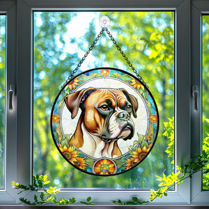 Boxer Dog Stained Glass Suncatcher, Boxer Dog Sunflower Suncatcher for Windows Stained Glass