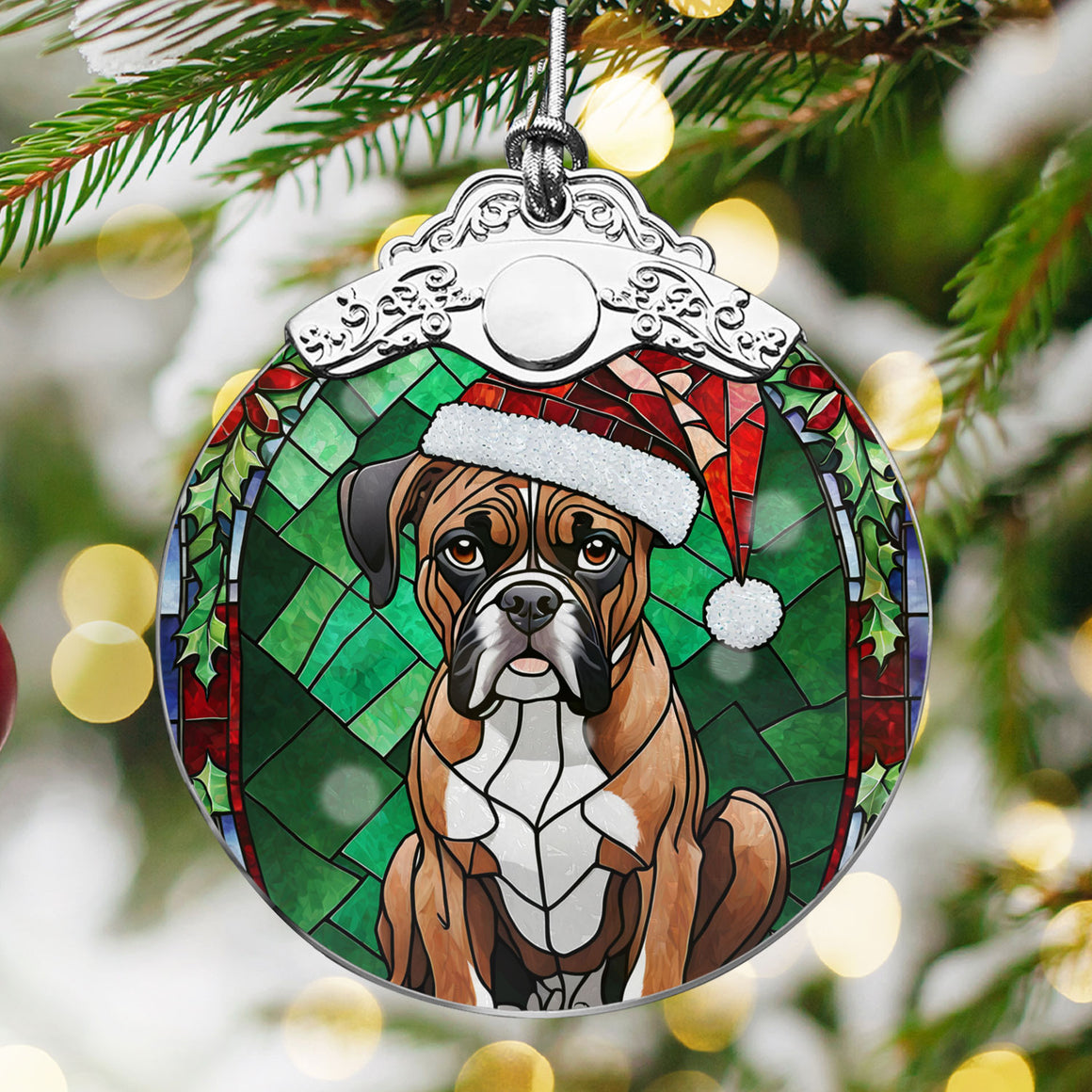 Christmas Dog Stained Glass Ornament | Unique Holiday Gift for Dog Lovers | Boxer