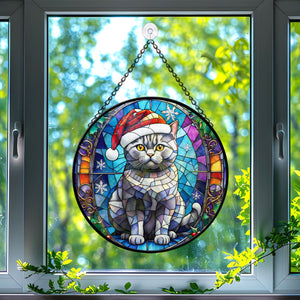 Christmas Cat Stained Glass Suncatcher | Unique Holiday Gift for Cat Lovers | British Shorthair Cat