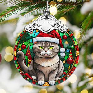 Christmas Cat Stained Glass Ornament | Unique Holiday Gift for Cat Lovers | British Shorthair