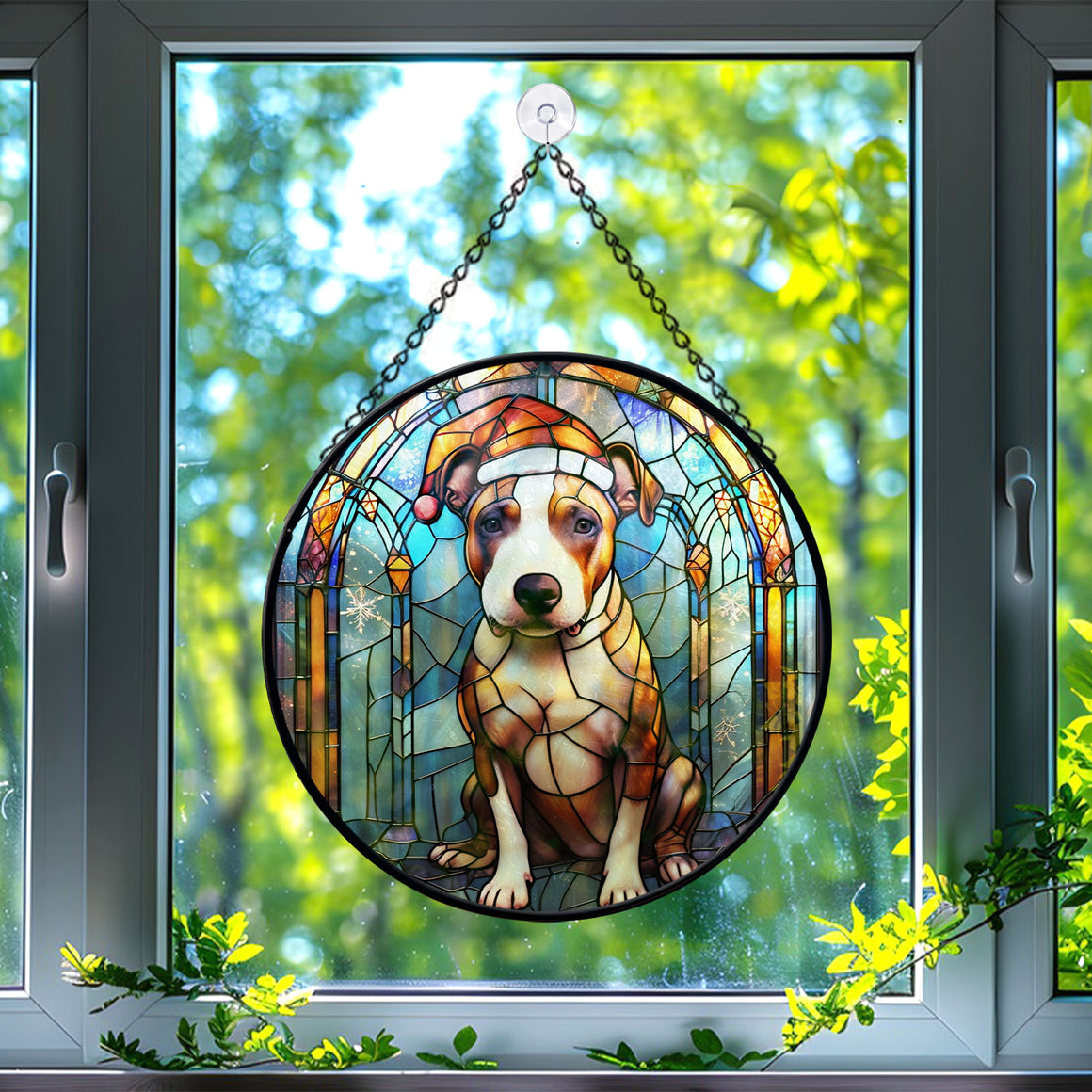 Christmas Dog Stained Glass Suncatcher | Unique Holiday Gift for Dog Lovers | Bull Terrier