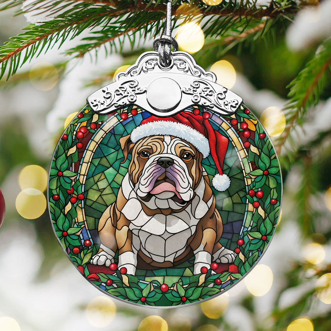 Christmas Dog Stained Glass Ornament | Unique Holiday Gift for Dog Lovers | Bulldog 2