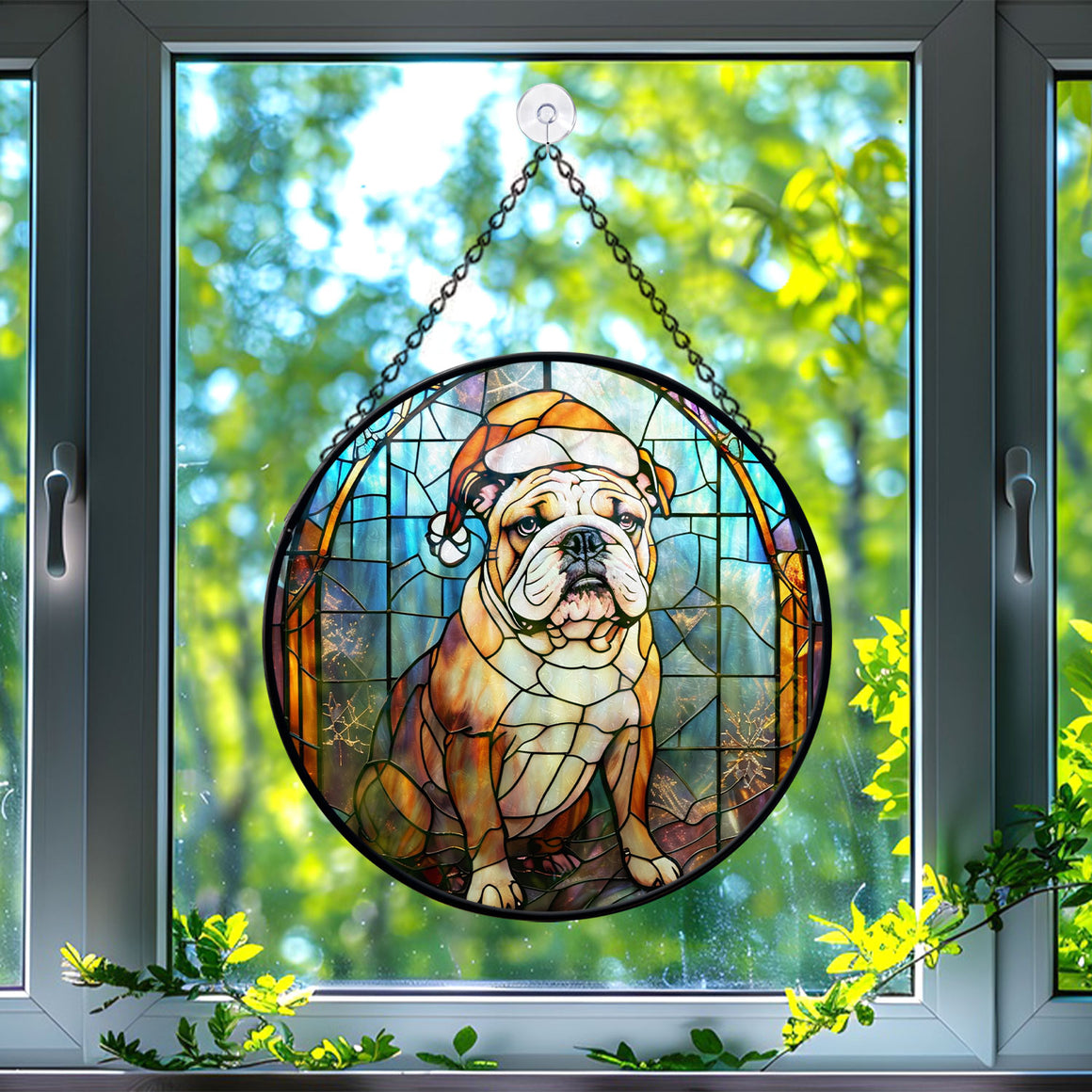 Christmas Dog Stained Glass Suncatcher | Unique Holiday Gift for Dog Lovers | Bulldog