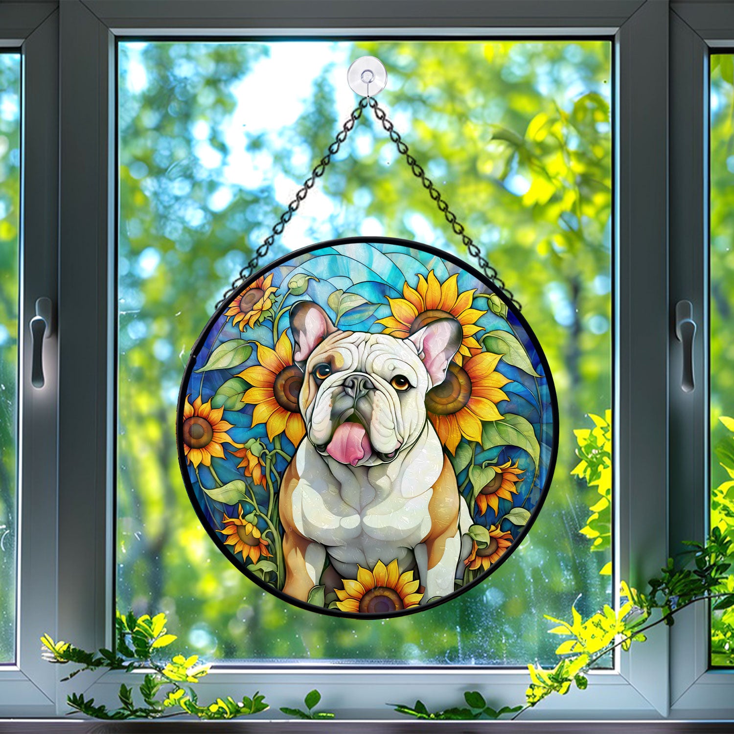 Bulldog Stained Glass Suncatcher, Bulldog Sunflower Suncatcher for Windows Stained Glass