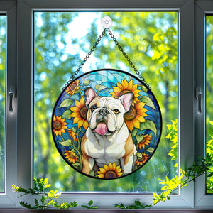 Bulldog Stained Glass Suncatcher, Bulldog Sunflower Suncatcher for Windows Stained Glass