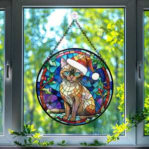 Christmas Cat Stained Glass Suncatcher | Unique Holiday Gift for Cat Lovers | Burmese Cat