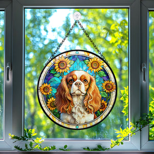 Cavalier King Charles Spaniel Stained Glass Suncatcher, Cavalier King Charles Spaniel Sunflower Suncatcher for Windows Stained Glass