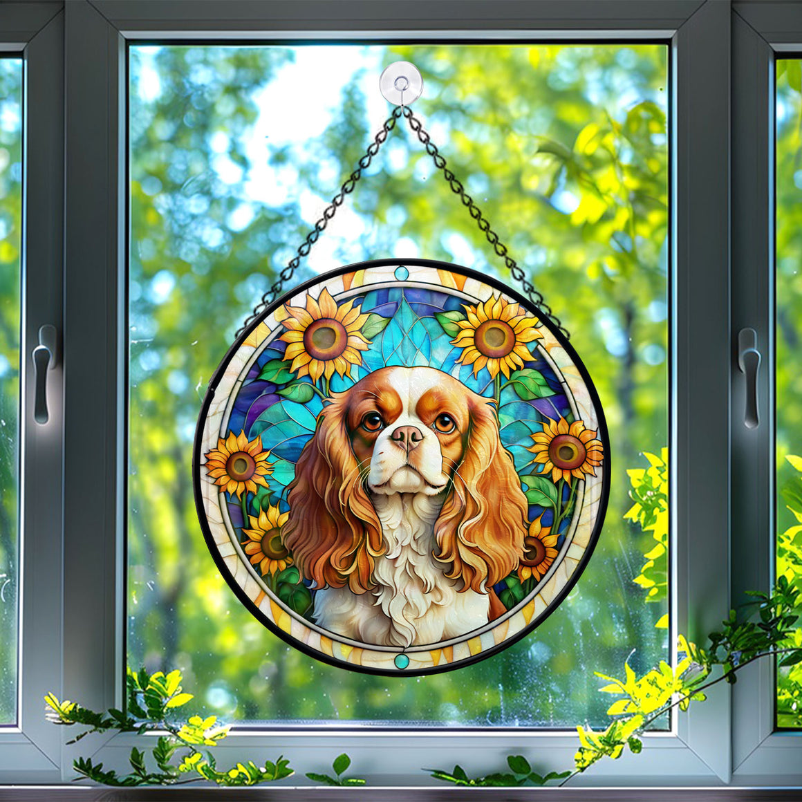 Cavalier King Charles Spaniel Stained Glass Suncatcher, Cavalier King Charles Spaniel Sunflower Suncatcher for Windows Stained Glass