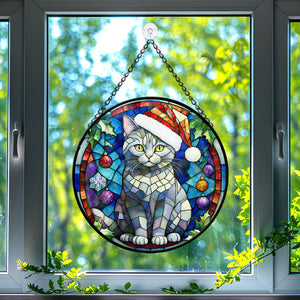 Christmas Cat Stained Glass Suncatcher | Unique Holiday Gift for Cat Lovers | Chartreux Cat