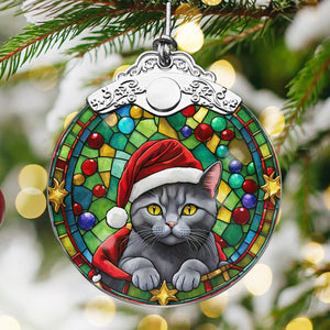 Christmas Cat Stained Glass Ornament | Unique Holiday Gift for Cat Lovers | Chartreux Cat