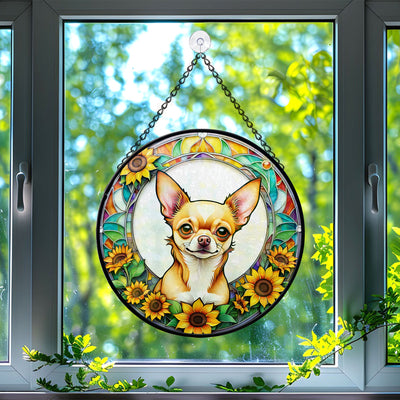 Chihuahua Stained Glass Suncatcher, Chihuahua Sunflower Suncatcher for Windows Stained Glass