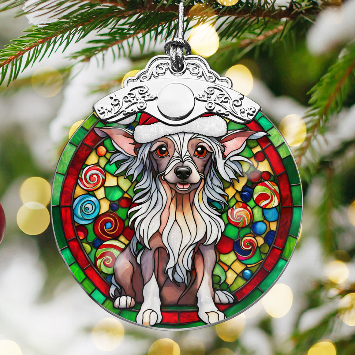 Christmas Dog Stained Glass Ornament | Unique Holiday Gift for Dog Lovers | Chinese Crested