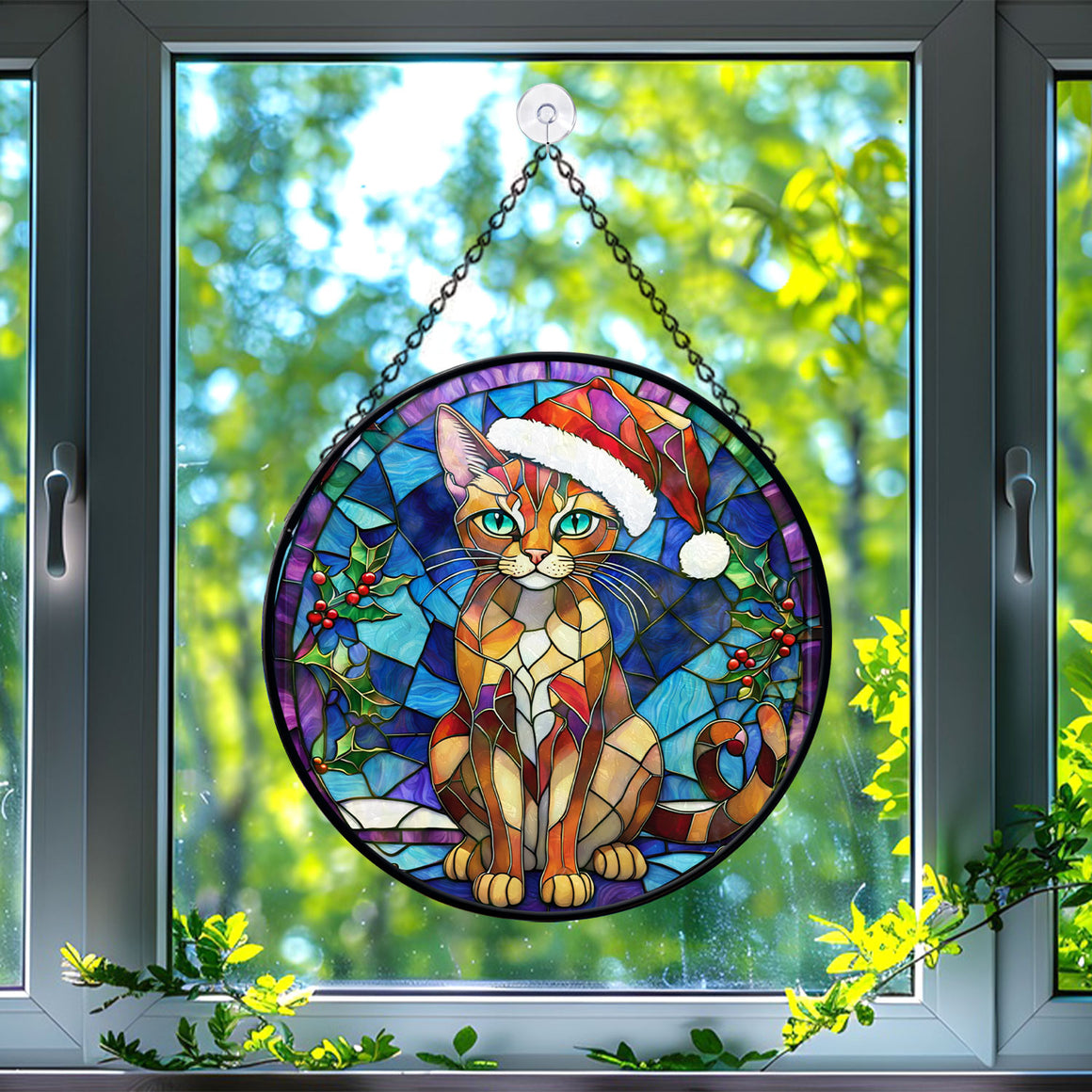 Christmas Cat Stained Glass Suncatcher | Unique Holiday Gift for Cat Lovers | Abyssinian Cat