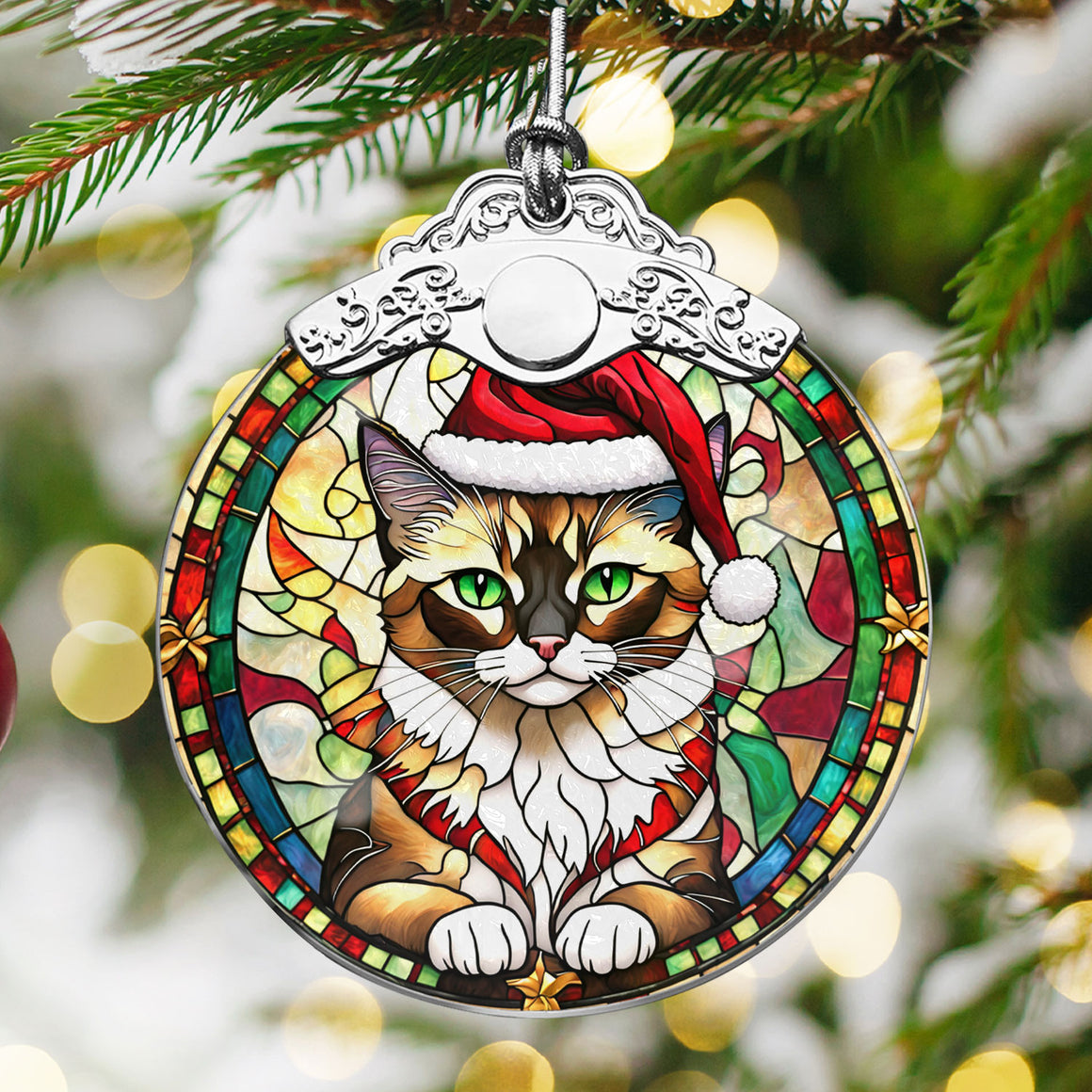 Christmas Cat Stained Glass Ornament | Unique Holiday Gift for Cat Lovers | Balinese Cat