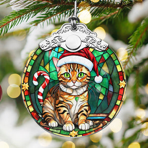 Christmas Cat Stained Glass Ornament | Unique Holiday Gift for Cat Lovers | Bengal Cat