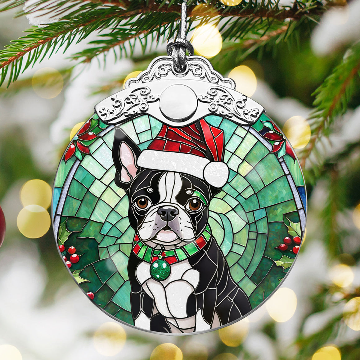 Christmas Dog Stained Glass Ornament | Unique Holiday Gift for Dog Lovers | Boston Terrier