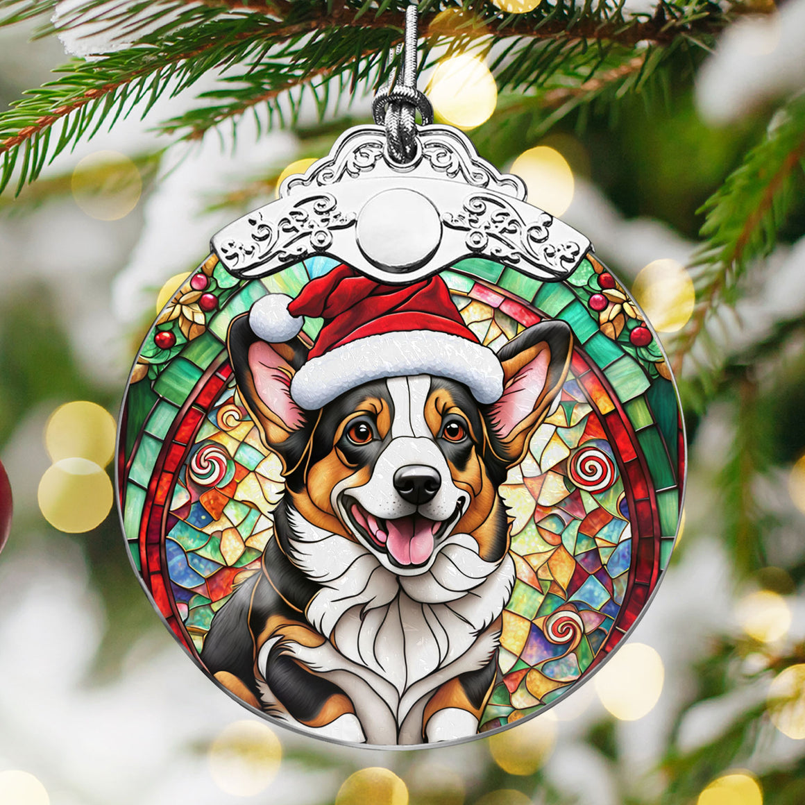 Christmas Dog Stained Glass Ornament | Unique Holiday Gift for Dog Lovers | Cardigan Welsh Corgi