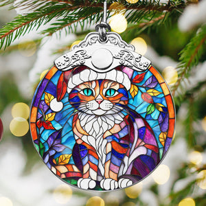 Christmas Cat Stained Glass Ornament | Unique Holiday Gift for Cat Lovers | Christmas Cat