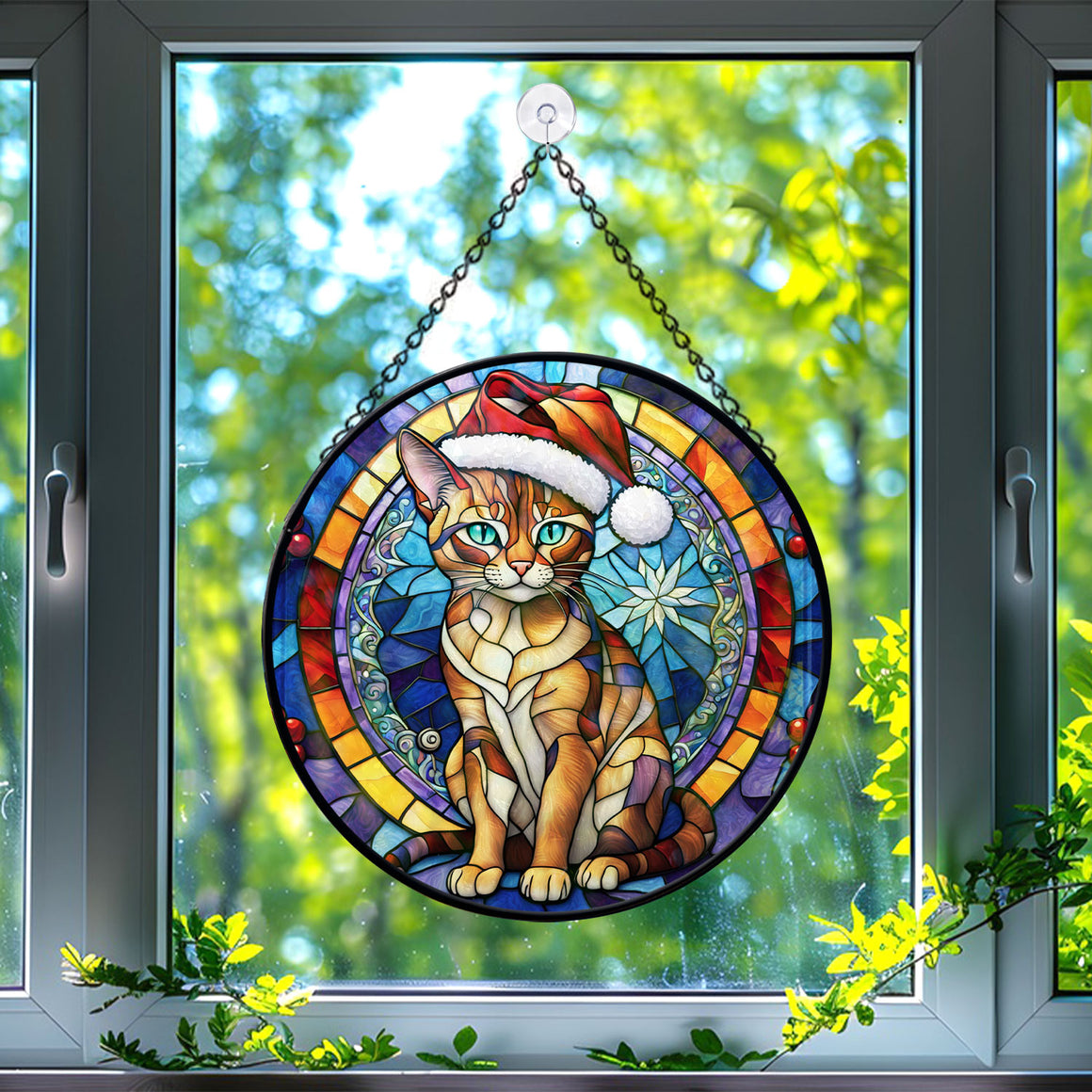 Christmas Cat Stained Glass Suncatcher | Unique Holiday Gift for Cat Lovers | Chausie Cat