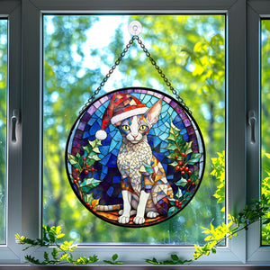 Christmas Cat Stained Glass Suncatcher | Unique Holiday Gift for Cat Lovers | Cornish Rex Cat