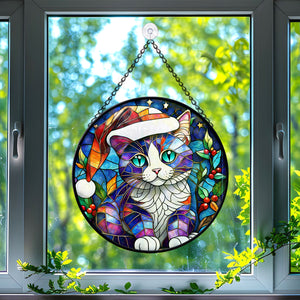 Christmas Cat Stained Glass Suncatcher | Unique Holiday Gift for Cat Lovers | Cymric Cat