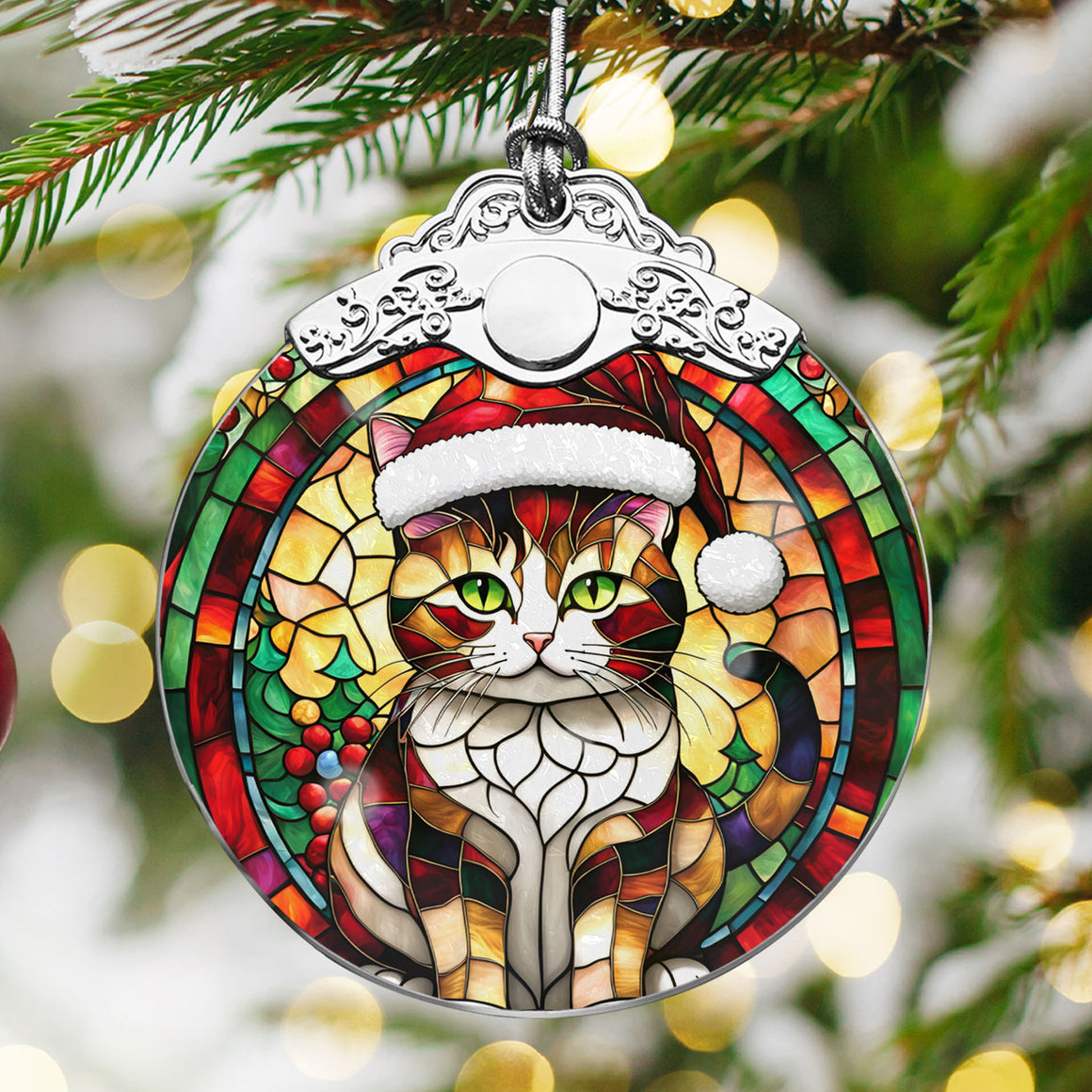 Christmas Cat Stained Glass Ornament | Unique Holiday Gift for Cat Lovers | Cymric Cat