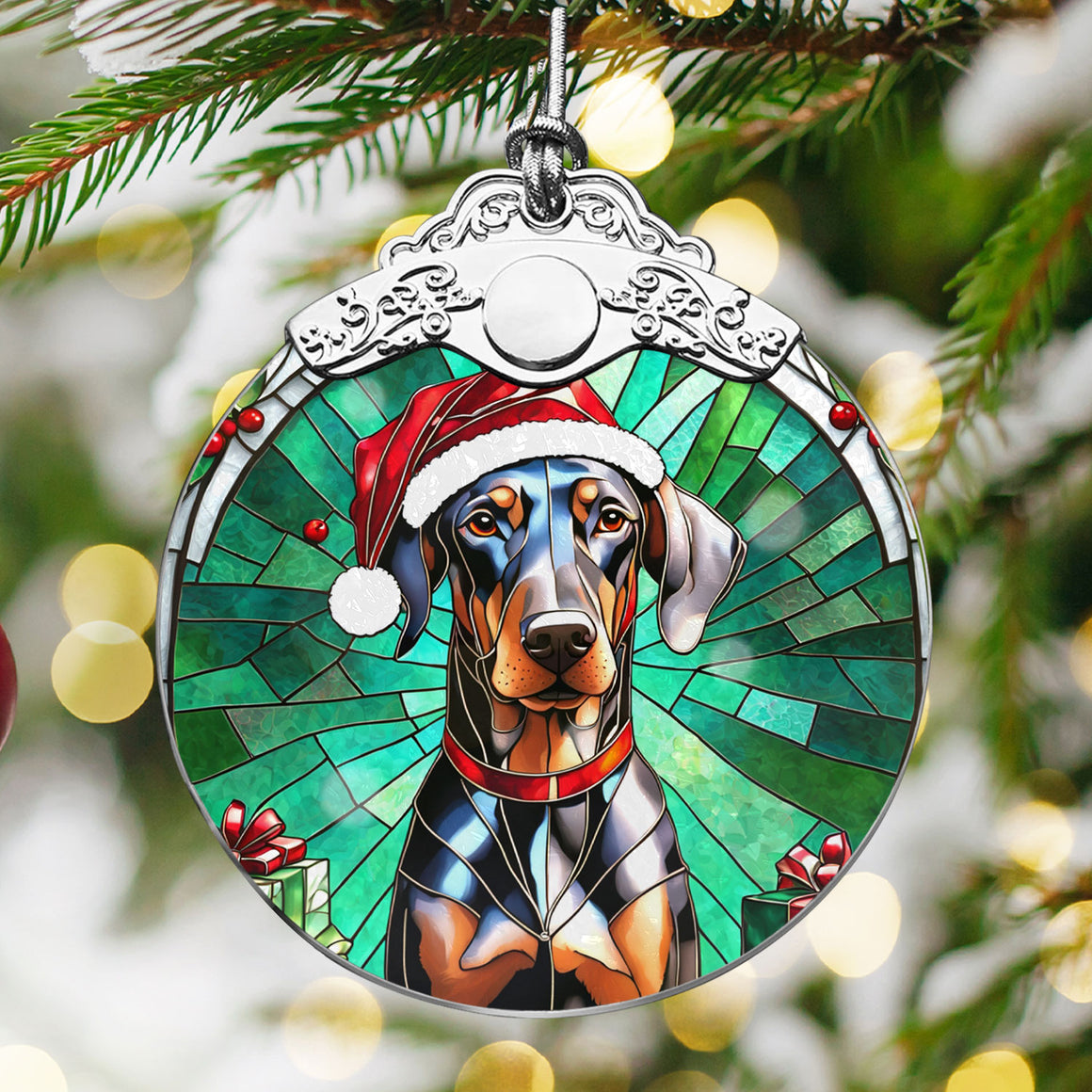 Christmas Dog Stained Glass Ornament | Unique Holiday Gift for Dog Lovers | Doberman